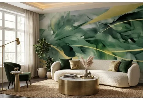 Carta da parati foglie verdi con oro 2