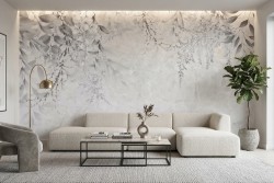 Carta da parati foglie grigie salotto