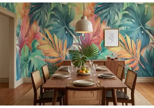 Carta da parati foglie tropicali colorate 2