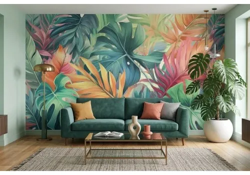 Carta da parati foglie tropicali colorate