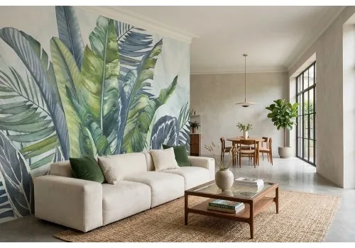 Carta da parati foglie verdi e blu 2