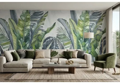 Carta da parati foglie verdi e blu