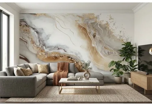 Carta da parati effetto marmo con venature oro 2