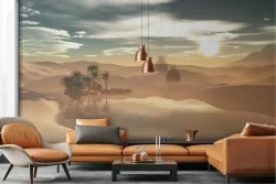 Desert oasis landscape wallpaper