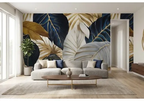 Carta da parati foglie con venature oro