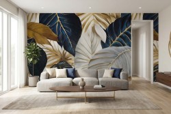 Carta da parati foglie con venature oro