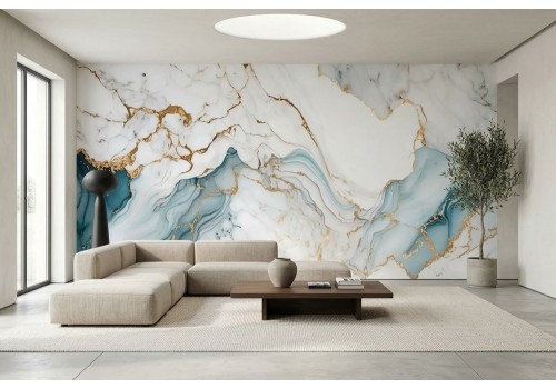 Carta da parati effetto marmo bianco azzurro oro