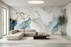 Carta da parati effetto marmo bianco azzurro oro