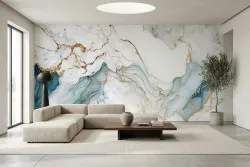Carta da parati effetto marmo bianco azzurro oro