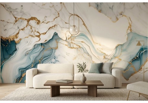 Carta da parati effetto marmo bianco azzurro oro 2