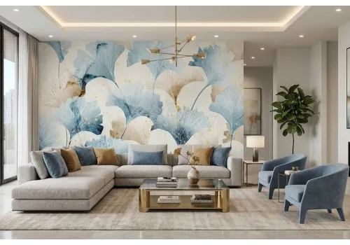 Carta da parati fiori celeste e beige | Certificata 2