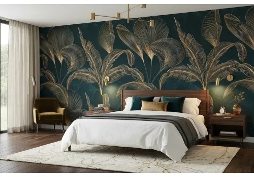 Carta da parati foglie tropicali dorate 2