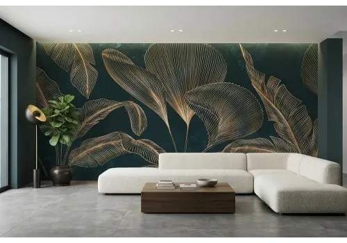 Carta da parati foglie tropicali dorate