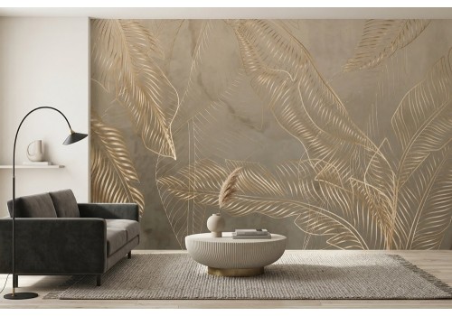 Carta da parati foglie tropicali stilizzate oro su fondo beige 2