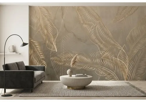 Carta da parati foglie tropicali stilizzate oro su fondo beige 2