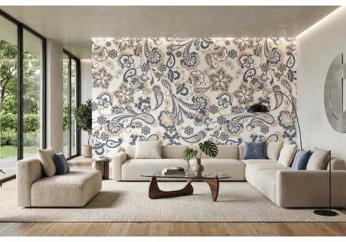 Carta da parati motivo paisley blu beige