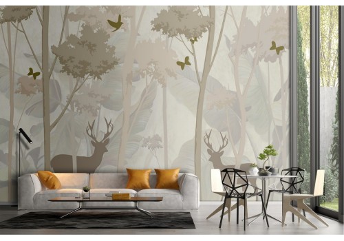 Stylized forest wallpaper with deer