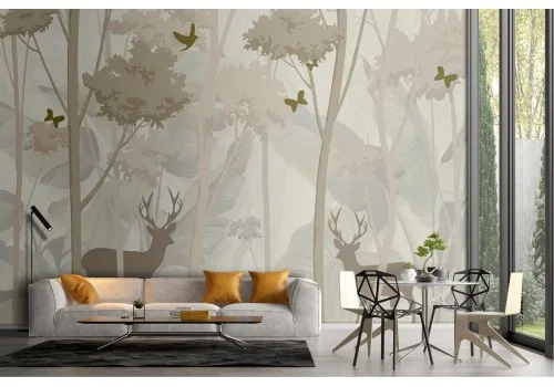 Stylized forest wallpaper with deer