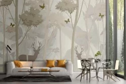 Stylized forest wallpaper with deer