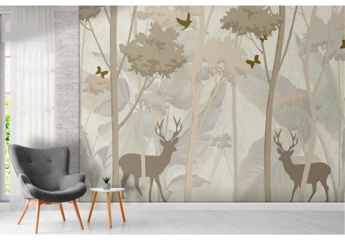 Stylized forest wallpaper with deer 2