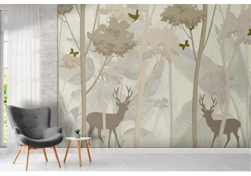Stylized forest wallpaper with deer 2