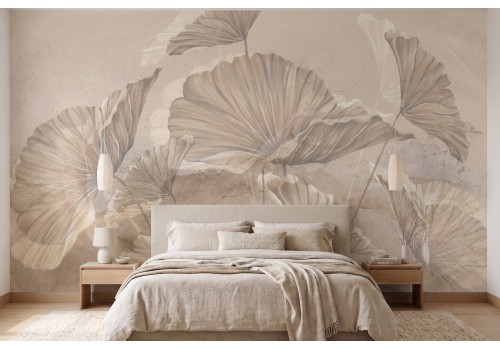 Vintage nature leaves wallpaper, marble surface and wall stickers