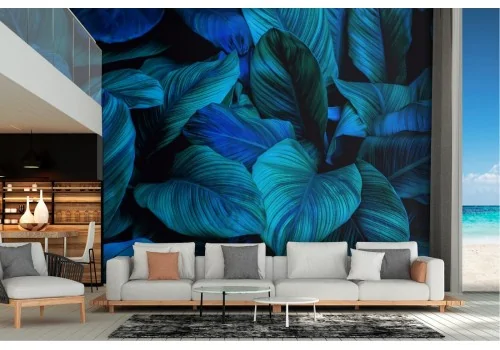 Modern natural blue tropical leaves wallpaper