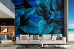 Carta da Parati foglie tropicali blu natura moderna