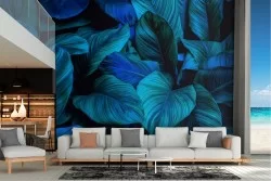 Modern blue tropical leaves wallpaper