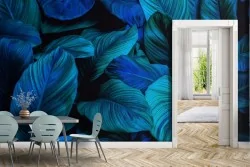 Carta da Parati foglie tropicali blu natura moderna