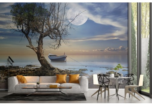 Wallpaper landscape lake with boat full moon