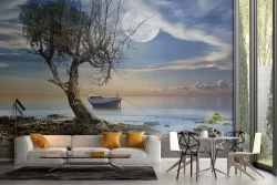 Carta da Parati paesaggio lago con barca luna piena