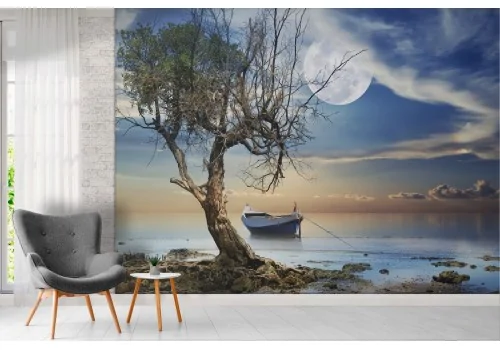 Wallpaper landscape lake with boat full moon 2