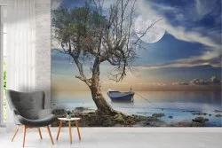 Wallpaper landscape lake with boat full moon