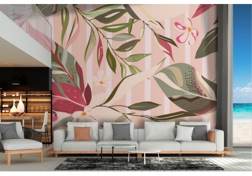 Abstract Leaves and Pink Stripes Wallpaper