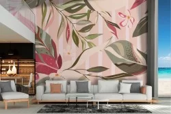 Abstract Leaves and Pink Stripes Wallpaper