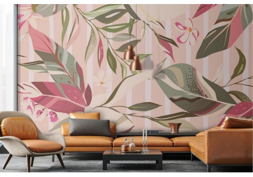 Abstract Leaves and Pink Stripes Wallpaper 2