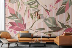 Abstract Leaves and Pink Stripes Wallpaper
