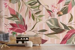 Carta da Parati Foglie Natura Righe e Onde