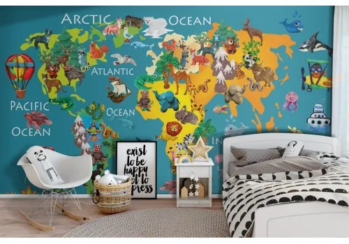 World map wallpaper with animal designs