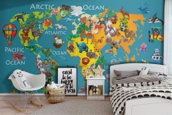 World map wallpaper with animal designs