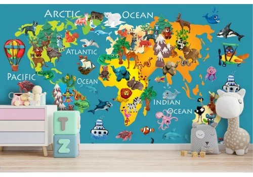 World map wallpaper with animal designs 2