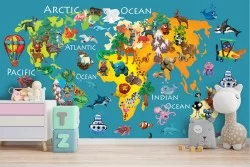 World map wallpaper with animal designs
