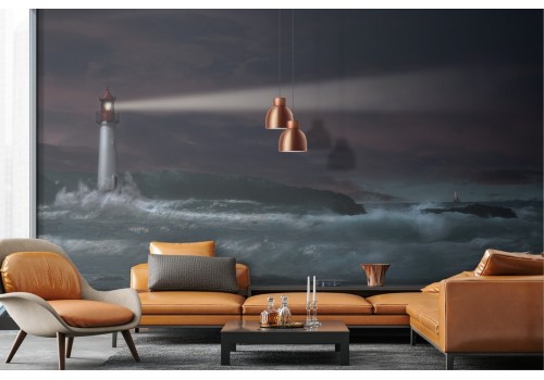 Wallpaper illustration of a lighthouse in a stormy sea and wall stickers 2
