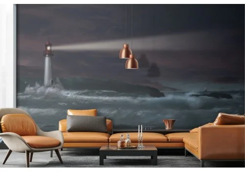 Wallpaper illustration of a lighthouse in a stormy sea and wall stickers 2