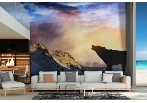 Wallpaper mountain landscape with wolf nature