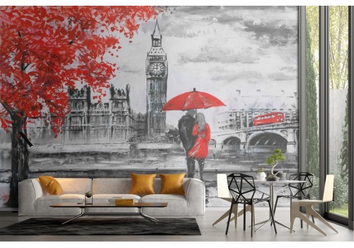 Romantic painted wallpaper of London city Big Ben