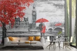 Romantic painted wallpaper of London city Big Ben