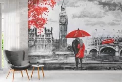 Romantic painted wallpaper of London city Big Ben
