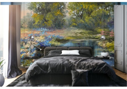 Wallpaper of meadow with flowers, river and painted trees